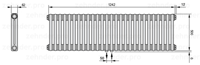 Схема (чертеж) Радиатор Zehnder Charleston 2050/27 №5410 Белый глянцевый RAL 9016